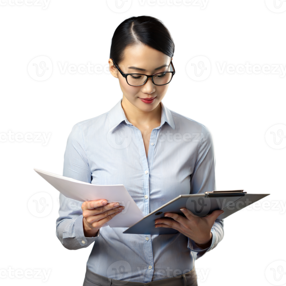 professional-woman-reviewing-documents-and-calculations-on-a-transparent-background-png